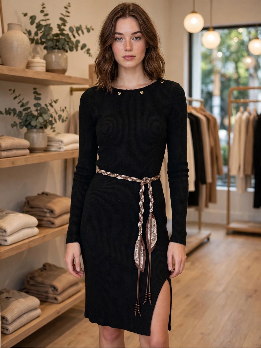 Women's Black Ribbed Long Sleeve Knit Dress with Grommet Detail